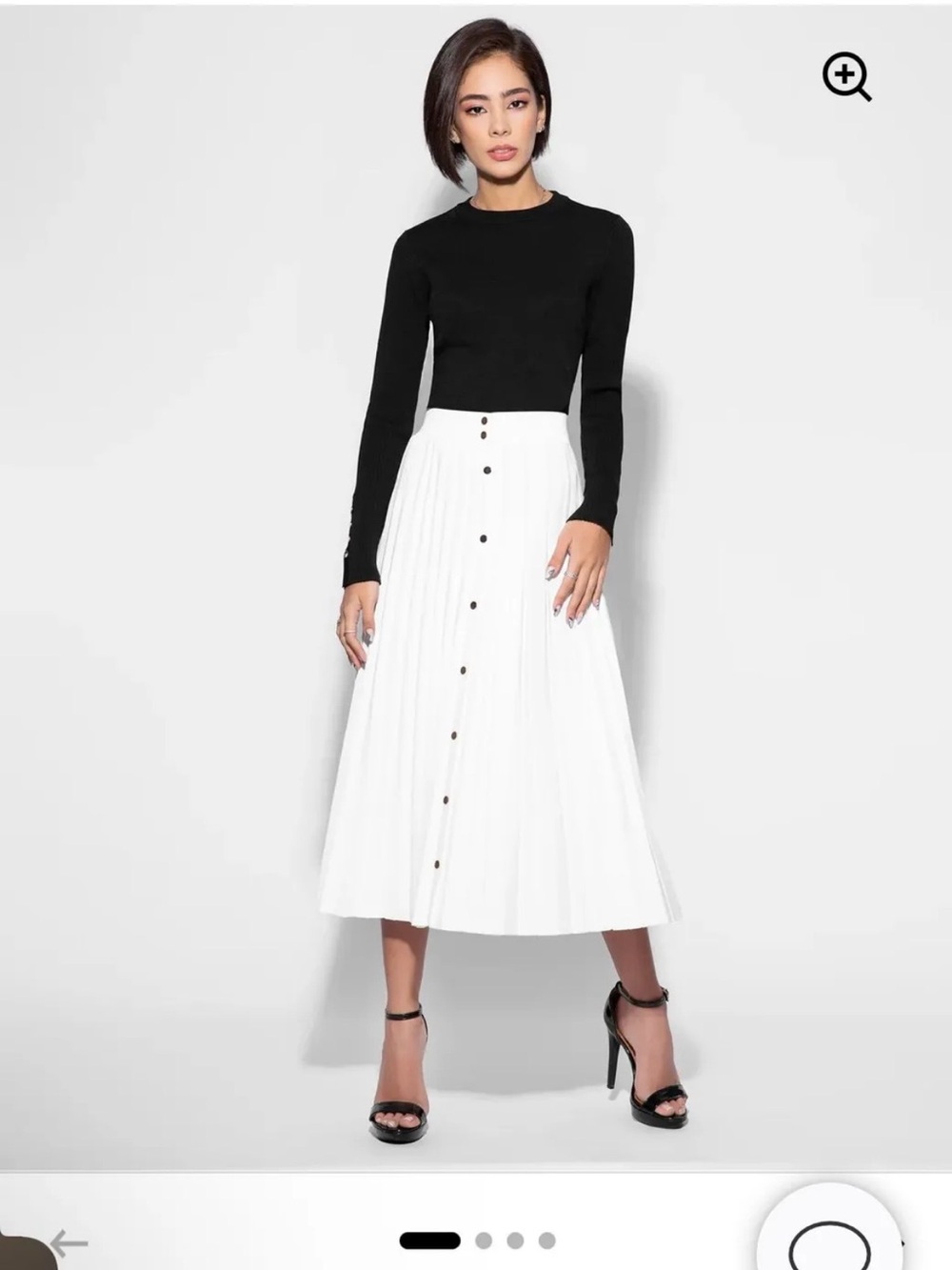 Button-Front Pleated White Midi Skirt